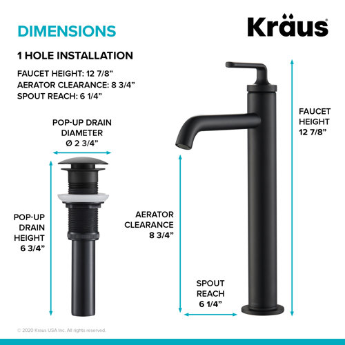 Kraus Ramus Vessel Sink Faucet Singlehandle Bathroom Faucet with Drain